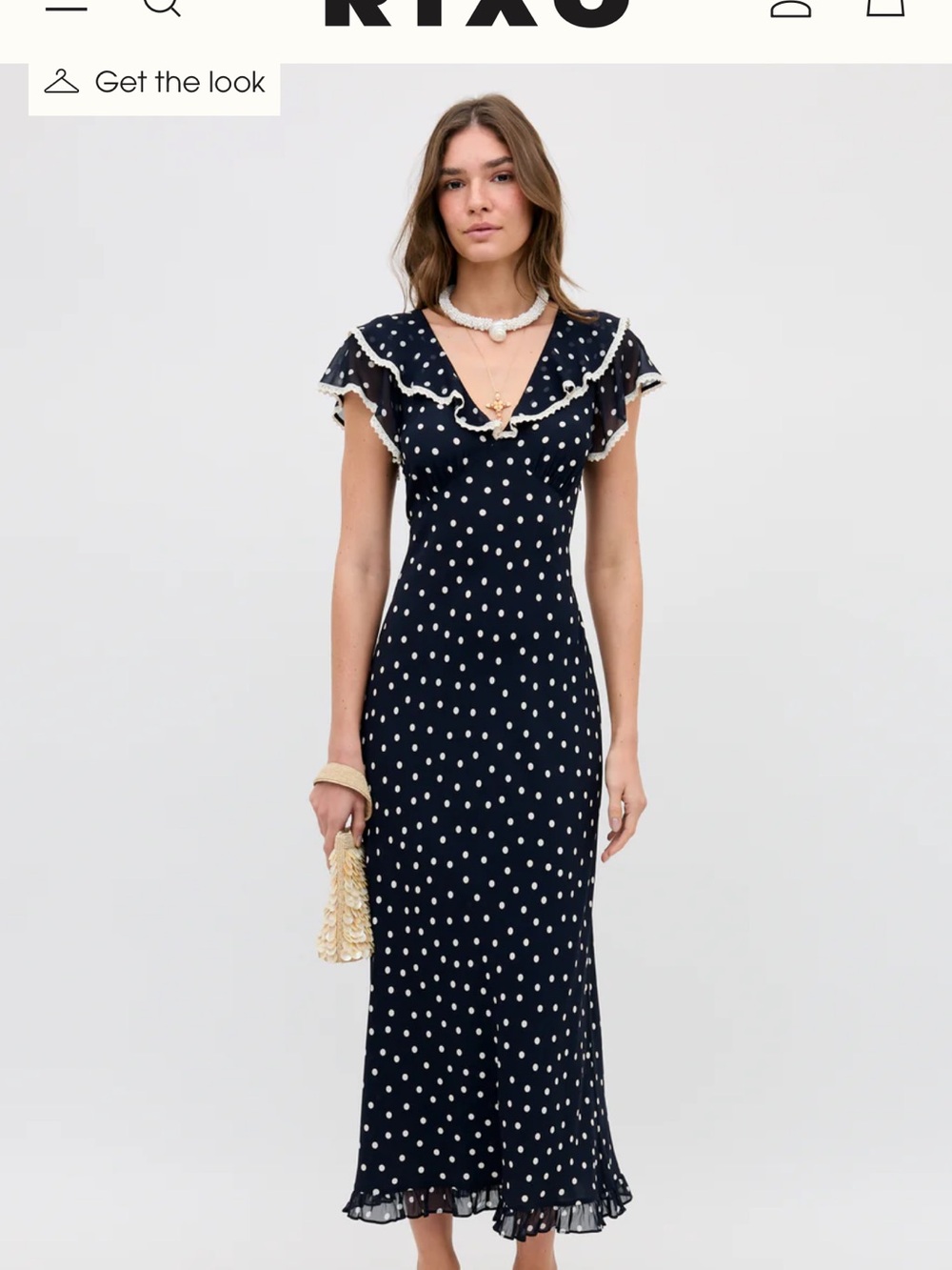 RIXO Navy and White Polka Dot Ruffle Midi Dress